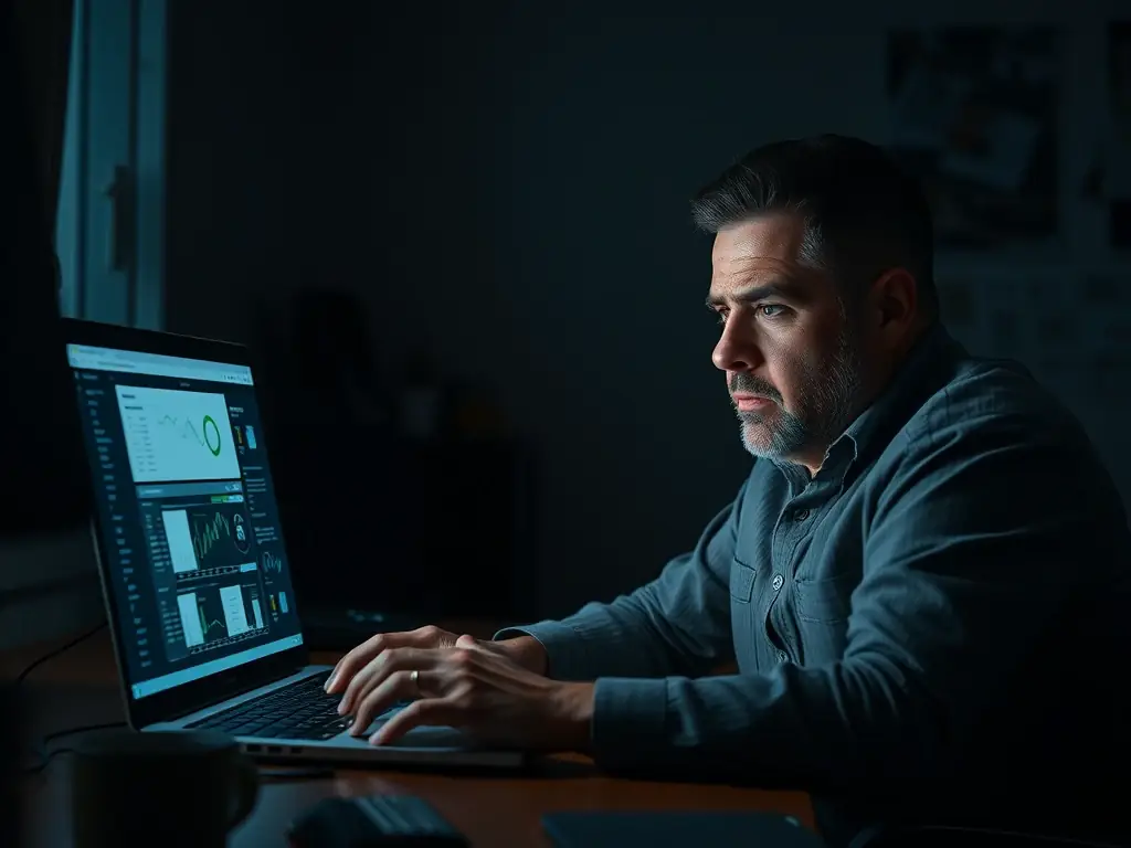 A frustrated ecommerce business owner looking at complex Google Ads data on a laptop screen, symbolizing the confusion and overwhelm of managing digital campaigns.